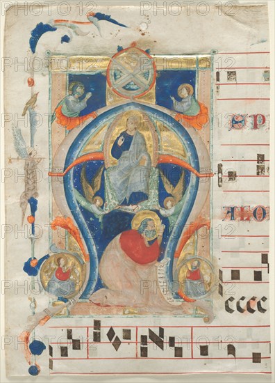 Fragment of an Antiphonary with Historiated Initial (A): Christ in Majesty, 1308. Neri da Rimini (Italian). Ink, tempera, and gold on parchment; sheet: 34 x 24 cm (13 3/8 x 9 7/16 in.)