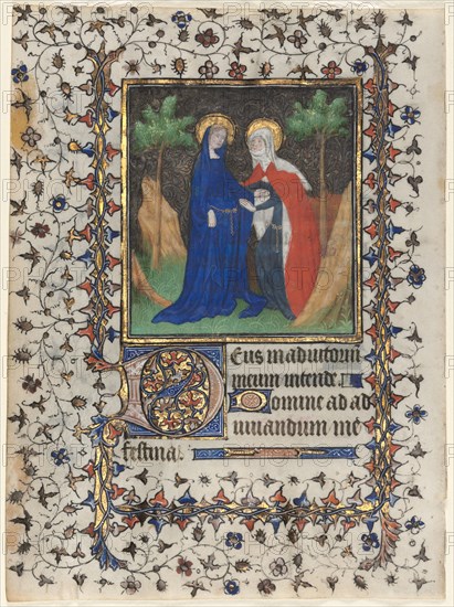 Leaves from a Book of Hours: The Visitation and Christ in Judgment, c. 1415. Workshop of Boucicaut Master (French, Paris, active about 1410-25). Ink, tempera, and gold on vellum; sheet: 17 x 12.7 cm (6 11/16 x 5 in.)
