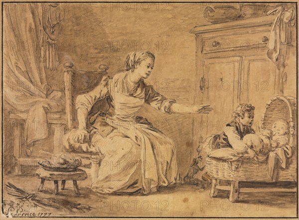 Maternal Solicitude, 1777. Jean Baptiste Le Prince (French, 1734-1781). Pen and black ink and brush and brown wash over graphite, with traces of white gouache; framing lines in black ink; sheet: 13.3 x 18.3 cm (5 1/4 x 7 3/16 in.); secondary support: 20 x 25.2 cm (7 7/8 x 9 15/16 in.).