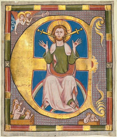 Initial E from a Municipal Law Book: The Last Judgment, c. 1330. Germany, Regensburg, 14th century. Ink, tempera, and gold on parchment; sheet: 21.3 x 18.2 cm (8 3/8 x 7 3/16 in.)