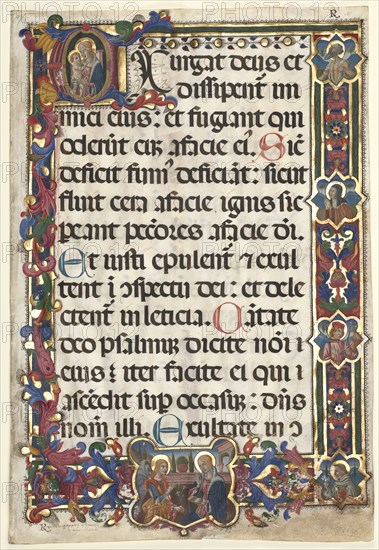 Leaf from a Psalter with Full Border with Medallions (Annunciation, SS. Jerome, Clare, Sebastian and Bernardino) and Historiated Initial (E): Virgin and Child, 1475. Italy, Umbria or Tuscany, 15th century. Ink, tempera, and gold on parchment; sheet: 57 x 39 cm (22 7/16 x 15 3/8 in.).