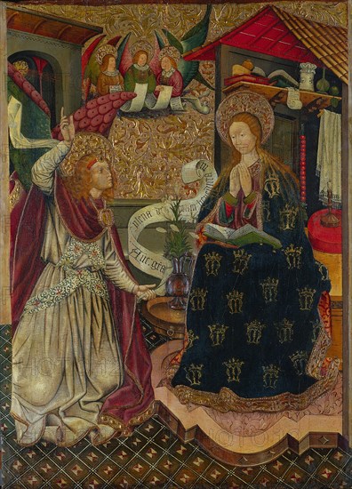 The Annunciation, c. 1457. Jaume Ferrer (Spanish, 1460/70). Oil, tempera, and gold on wood panel (fir); framed: 186.5 x 139 x 14.5 cm (73 7/16 x 54 3/4 x 5 11/16 in.); unframed: 172 x 124.7 cm (67 11/16 x 49 1/8 in.).