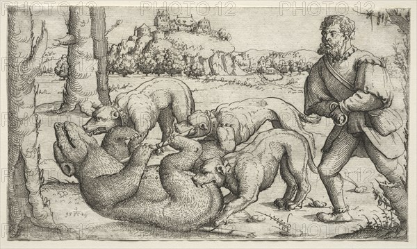 A Bear Hunt, 1569. Augustin Hirschvogel (German, 1503-1553). Etching
