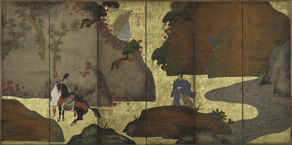 Ivy Lane, 1700s. Fukae Roshu (Japanese, 1699-1757). Six-panel folding screen, ink and color on gilded paper; image: 133.1 x 267.6 cm (52 3/8 x 105 3/8 in.); overall: 136.5 x 271 cm (53 3/4 x 106 11/16 in.); closed: 135.6 x 46.3 x 11 cm (53 3/8 x 18 1/4 x 4 5/16 in.); panel: 133.1 x 44.6 cm (52 3/8 x 17 9/16 in.).