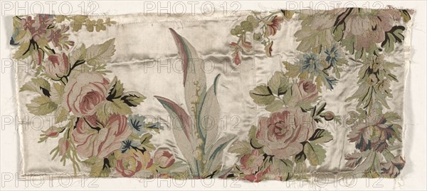 Coverlet Fragment, c. 1760-1770. Philippe de Lasalle (French, 1723-1805). Embroidered satin and silk; overall: 21.6 x 50.8 cm (8 1/2 x 20 in.).