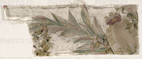 Coverlet Fragment, c. 1760-1770. Philippe de Lasalle (French, 1723-1805). Embroidered satin and silk; overall: 20 x 54.6 cm (7 7/8 x 21 1/2 in.)
