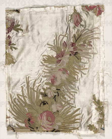 Coverlet Fragment, c. 1760-1770. Philippe de Lasalle (French, 1723-1805). Embroidered satin and silk; overall: 21 x 27.9 cm (8 1/4 x 11 in.).