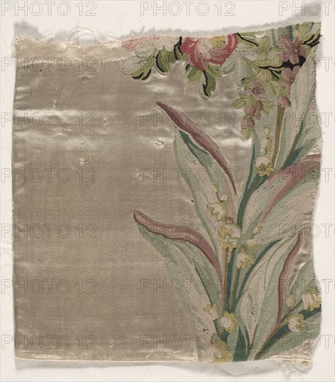 Coverlet Fragment, c. 1760-1770. Philippe de Lasalle (French, 1723-1805). Embroidered satin and silk; overall: 20.3 x 19.7 cm (8 x 7 3/4 in.)