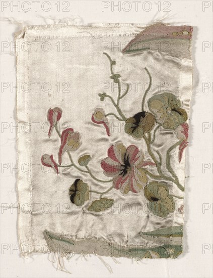 Coverlet Fragment, c. 1760-1770. Philippe de Lasalle (French, 1723-1805). Embroidered satin and silk; overall: 19.1 x 14.6 cm (7 1/2 x 5 3/4 in.)