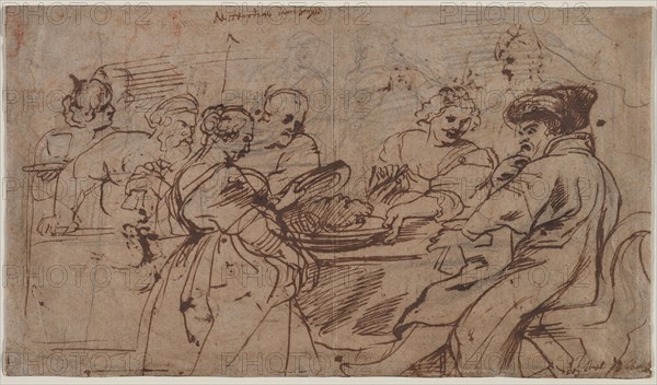 The Feast of Herod (recto) Tomyris with the Head of Cyrus (verso), c. 1637-1638. Peter Paul Rubens (Flemish, 1577-1640). Pen and brown ink, with black and red chalk, touched with white gouache; sheet: 27.2 x 47.2 cm (10 11/16 x 18 9/16 in.); secondary support: 27.6 x 47.3 cm (10 7/8 x 18 5/8 in.).