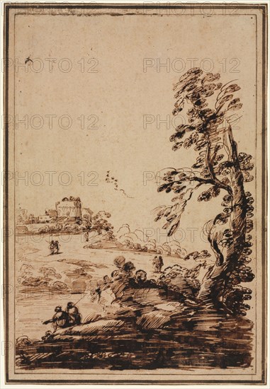 Landscape with Small Group of Buildings, second half 1700s. Imitator of Guercino (Italian, 1591-1666). Pen and brown ink; sheet: 30 x 20.1 cm (11 13/16 x 7 15/16 in.); secondary support: 32 x 21.9 cm (12 5/8 x 8 5/8 in.).