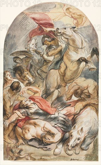 The Conversion of Saul with Horseman and Banner, c. 1645-1647. Jacob Jordaens (Flemish, 1593-1678). Black and red chalk, pen and black and gray ink, brush and brown wash, watercolor, and gouache, heightened with white gouache, framing lines in red chalk and graphite (right edge); sheet: 32.9 x 19.9 cm (12 15/16 x 7 13/16 in.).