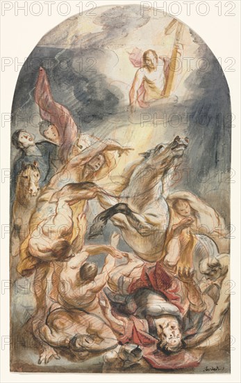 The Conversion of Saul with Christ and the Cross, c. 1645-1647. Jacob Jordaens (Flemish, 1593-1678). Brush and brown wash, gouache and watercolor over black and red chalk, heightened with traces of white; framing lines in graphite; sheet: 33 x 19.9 cm (13 x 7 13/16 in.).