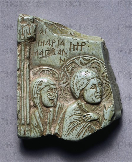 Fragment of an Icon of the Crucifixion with Mary Magdalene and the Virgin Mary, 1300s. Byzantium, Byzantine period, 14th century. Steatite; overall: 4.7 x 3.7 cm (1 7/8 x 1 7/16 in.)