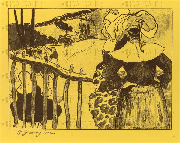 Volpini Suite:  Breton Women by a Gate (Bretonnes à la Barrière), 1889. Paul Gauguin (French, 1848-1903). Zincograph; sheet: 50 x 65 cm (19 11/16 x 25 9/16 in.); image: 16 x 21.5 cm (6 5/16 x 8 7/16 in.)