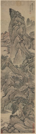 Pine Wind from Myriad Villages, 1644-1912. Wu Li (Chinese, 1632-1718). Hanging scroll, ink and light color on paper; image: 109.5 x 25.9 cm (43 1/8 x 10 3/16 in.); overall: 207 x 44.9 cm (81 1/2 x 17 11/16 in.).