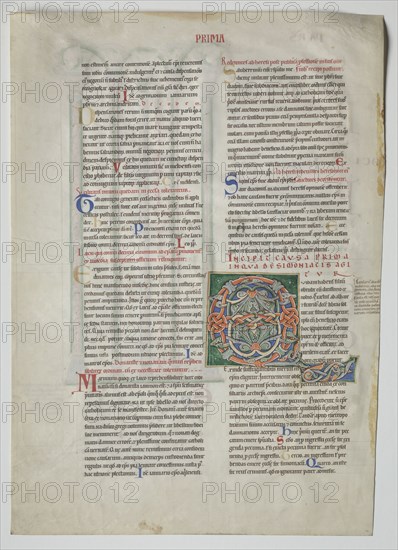 Single Leaf from a Decretum by Gratian: Decorated Initial Q[uidam habens filium obtulit], c. 1160-1165. France, Burgundy, Archdiocese of Sens, Abbey of Pontigny, 12th century. Ink and tempera on vellum; sheet: 44.8 x 32 cm (17 5/8 x 12 5/8 in.); framed: 63.5 x 48.3 cm (25 x 19 in.); matted: 55.9 x 40.6 cm (22 x 16 in.).