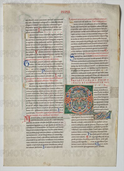 Single Leaf from a Decretum by Gratian: Decorated Initial Q[uidam habens filium obtulit] and Quadruple Arcade with Concordance of Greek and Latin Alphabets , c. 1160-1165. France, Burgundy, Archdiocese of Sens, Abbey of Pontigny, 12th century. Ink and tempera on vellum; sheet: 44.8 x 32 cm (17 5/8 x 12 5/8 in.); framed: 63.5 x 48.3 cm (25 x 19 in.); matted: 55.9 x 40.6 cm (22 x 16 in.).
