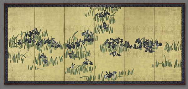 Irises, 1700s. Watanabe Shiko (Japanese, 1683-1755). Six-panel folding screen, ink and color on gilded paper; image: 152.8 x 361.2 cm (60 3/16 x 142 3/16 in.); overall: 168.8 x 373.2 cm (66 7/16 x 146 15/16 in.); closed: 170.8 x 64.5 x 12 cm (67 1/4 x 25 3/8 x 4 3/4 in.); panel: 164.8 x 62.3 cm (64 7/8 x 24 1/2 in.); with frame: 168.8 x 377.2 cm (66 7/16 x 148 1/2 in.).