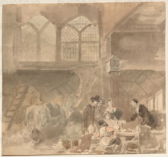 Interior of an Inn, 1800s. Anonymous. Watercolor and graphite