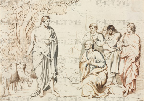 Christ and His Disciples. Joseph Brett (British, 1816-1848). Pen and colored inks with ink wash