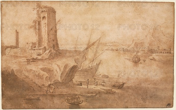 Landscape with Tower at Seashore, 1600-1614(?). Filippo Napoletano (Italian, c. 1587-c. 1629). Pen and brown ink and brush and brown and gray wash over traces of graphite; framing lines in graphite; sheet: 19 x 30.2 cm (7 1/2 x 11 7/8 in.).