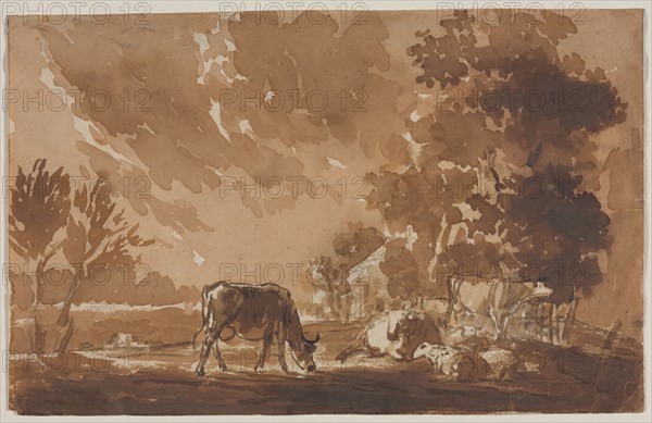 Landscape with Cattle, second or last third 1800s. Jules Dupré (French, 1811-1889). Brush and brown wash over graphite; framing lines in graphite; sheet: 16.5 x 26.1 cm (6 1/2 x 10 1/4 in.).