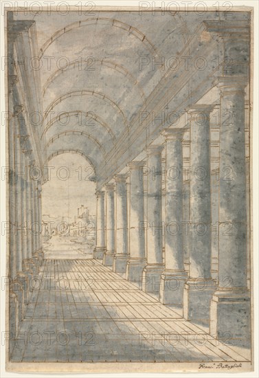 Barrel-vaulted Arcade  Rendered in Perspective, 1700s. Francessco Battaglioli (Italian). Pen and brown ink and brush and blue-grey wash, over graphite (ruled in places); framing lines in brown ink; sheet: 36 x 24.7 cm (14 3/16 x 9 3/4 in.); image: 34.8 x 24 cm (13 11/16 x 9 7/16 in.).