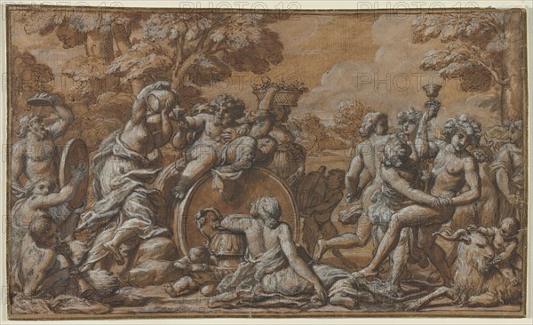 Bacchanal, 1600s. Circle of Pietro da Cortona (Italian, 1596-1669). Pen and brown ink and brush and brown wash over black chalk, heightened with white gouache; incised, framing lines in brown ink over traces of black chalk; sheet: 26.3 x 43.5 cm (10 3/8 x 17 1/8 in.); image: 25.4 x 42.7 cm (10 x 16 13/16 in.); secondary support: 26.3 x 43.5 cm (10 3/8 x 17 1/8 in.).