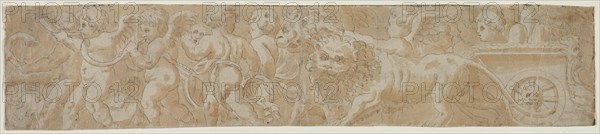 Chariot Drawn by Lions with Amorini, first half 1500s. Italy, 16th century. Pen and brown ink and brush and brown wash over black chalk; framing lines in brown ink; sheet: 9 x 42.4 cm (3 9/16 x 16 11/16 in.).