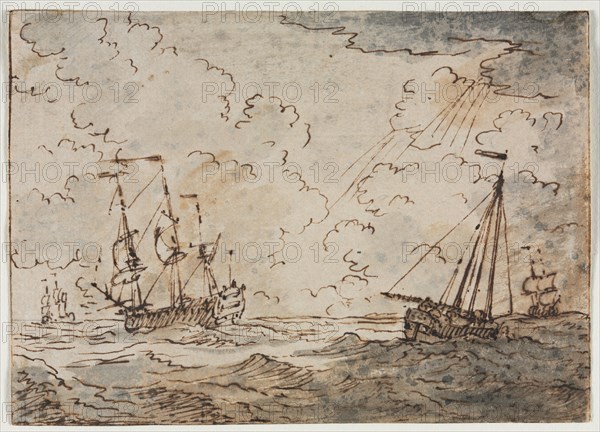 Ships at Sea, 17th century. Ludolf Backhuysen (Dutch, 1631-1708). Pen and brown ink and brush and gray and brown wash, with brush and grey ink; framing lines in brown ink ; sheet: 12.3 x 17.1 cm (4 13/16 x 6 3/4 in.).