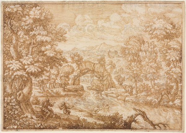 River Landscape with Arched Rock, second half 1600s. Crescenzio di Onofrio (Italian, 1632 ?-aft 1712). Pen and brown ink over black chalk; framing lines in brown ink; sheet: 17.1 x 23.6 cm (6 3/4 x 9 5/16 in.); image: 16.4 x 23.1 cm (6 7/16 x 9 1/8 in.).