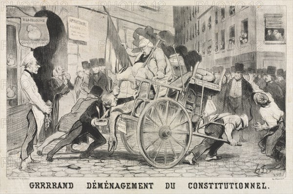 Published in Le Charivari, June 8, 1846 : Great Removal of the Constitutional Establishment, 1846. Honoré Daumier (French, 1808-1879), Aubert. Lithograph; sheet: 36.3 x 51 cm (14 5/16 x 20 1/16 in.); image: 26.7 x 43.5 cm (10 1/2 x 17 1/8 in.)