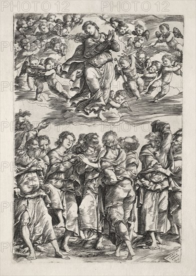 The Assumption of the Virgin, 1517. Domenico Campagnola (Italian, 1500-1564). Engraving
