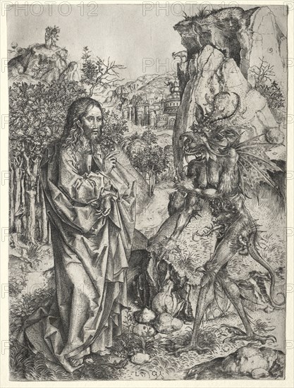 The Temptation of Christ, 1400s. Master L Cz (German). Engraving; sheet: 22.8 x 16.8 cm (9 x 6 5/8 in.); mat size: 48.7 x 36.2 cm (19 3/16 x 14 1/4 in.)