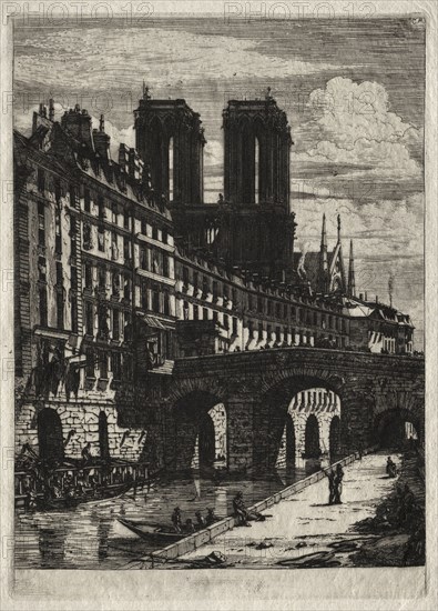 Etchings of Paris:  The Little Bridge, 1850. Charles Meryon (French, 1821-1868). Etching and engraving; sheet: 36.7 x 26.9 cm (14 7/16 x 10 9/16 in.); platemark: 26 x 18.7 cm (10 1/4 x 7 3/8 in.)