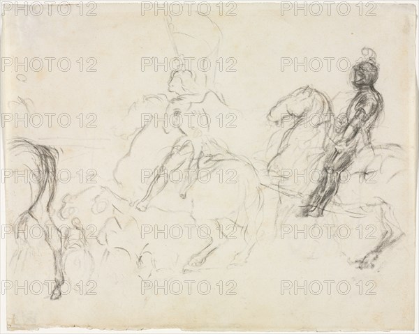 Battle Scene with Armored Figures on Horseback (recto) Two Seated Women (verso), 1856-1860. Edgar Degas (French, 1834-1917). Black crayon; sheet: 17 x 21.3 cm (6 11/16 x 8 3/8 in.).