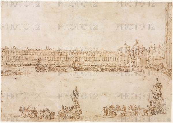 A Procession of Triumphal Cars in the Piazza San Marco, Venice, Celebrating the Visit of the Conti del Nord, 1782. Francesco Guardi (Italian, 1712-1793). Pen and brown ink with brush and brown wash; sheet: 25.9 x 36.8 cm (10 3/16 x 14 1/2 in.).