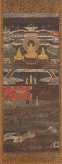 The White Path to the Western Paradise across Two Rivers (Niga Byakudo), 1200s. Japan, Kamakura period (1185-1333). Hanging scroll; ink, color, gold, silver, and cut gold on silk; overall: 215.1 x 67.7 cm (84 11/16 x 26 5/8 in.); overall with knobs: 215.1 x 73.3 cm (84 11/16 x 28 7/8 in.).