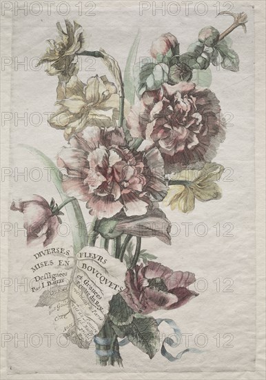 Divers fleurs mises en boucquets:  No. 1 - Hollyhocks and Narcissus, c. 1670. Jacques I Bailly (French, 1634-1679). Etching and engraving, hand colored