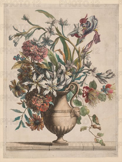 Liure de Toutes Sortes de fleurs d'après nature:  Vase of Flowers. Jean-Baptiste I Monnoyer (French, c. 1636-1699). Etching and engraving, hand colored