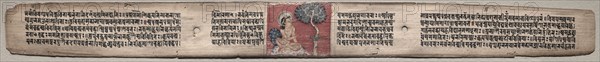 Leaf from Gandavyuha: Sudhana Addresses a Bird, from Chapter 1, Verse 47 (recto); Leaf from Gandavyuha: text,  from Chapter 1, Verse 47 (verso), 1000-1100s. Eastern India, Pala period. Ink and color on palm leaves; average: 4.2 x 52.4 cm (1 5/8 x 20 5/8 in.).