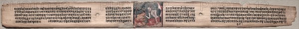 Leaf from Gandavyuha: Sudhana is Blessed by a Rishi, from Chapter 16 Prabhutopasika (recto), 1000-1100s. Eastern India, Pala period. Ink and color on palm leaves; average: 4.2 x 52.4 cm (1 5/8 x 20 5/8 in.).