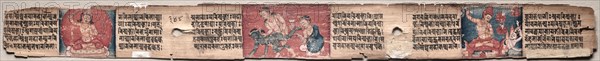 Leaf from Gandavyuha: Sudhana Battles a Demon with a Kneeling Monk, Manjushri, and Vajrapani, from Chapter 55 (verso), 1000-1100s. Ink and color on palm leaves; average: 4.2 x 52.4 cm (1 5/8 x 20 5/8 in.).
