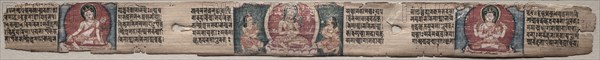 Leaf from Gandavyuha: Samantabhadra, Avalokiteshvara and Manjushri, from Chapter 55 (recto); Leaf from Gandavyuha: Sudhana Battles a Demon with a Kneeling Monk, Manjushri, and Vajrapani, from Chapter 55 (verso), 1000-1100s. Eastern India, Pala period. Ink and color on palm leaves; average: 4.2 x 52.4 cm (1 5/8 x 20 5/8 in.).