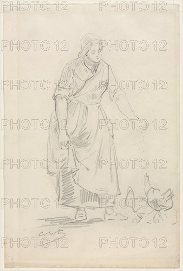Peasant Girl Feeding Chickens, 1800s(?). Jean Baptiste Camille Corot (French, 1796-1875). Graphite; sheet: 29.3 x 19.7 cm (11 9/16 x 7 3/4 in.).