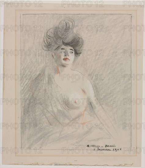 Courtesan (recto) Figure Sketches (verso), 1906. Jean Louis Forain (French, 1852-1931). Black, red, and white chalk; framing lines in black chalk; sheet: 25.2 x 21.8 cm (9 15/16 x 8 9/16 in.); image: 21.4 x 17.5 cm (8 7/16 x 6 7/8 in.).