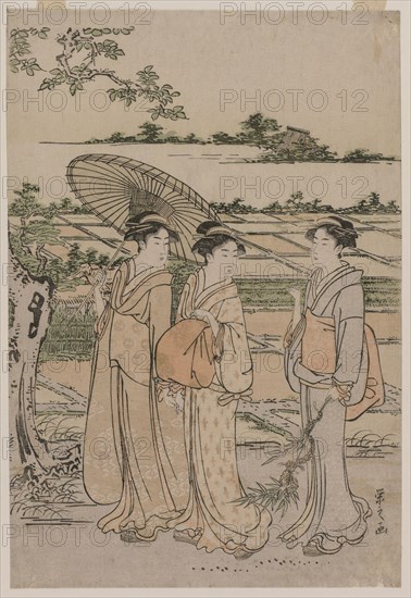 Three Women Strolling in the Countryside, mid 1780s. Chobunsai Eishi (Japanese, 1756-1829). Wood engraving; sheet: 38 x 26 cm (14 15/16 x 10 1/4 in.).
