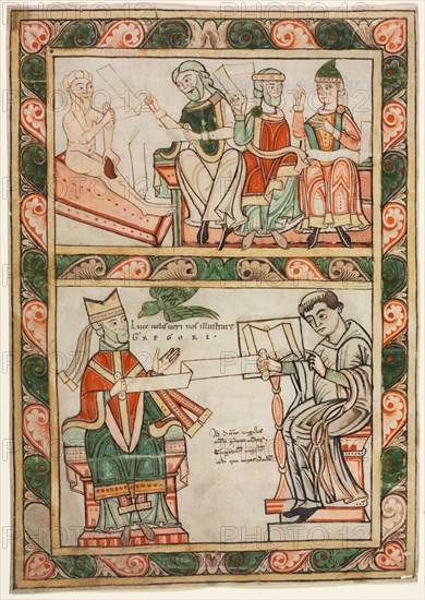 Title Page of St. Gregory's "Moralia": Job Visited by His Three Friends (above) and Gregory the Great and His Deacon Peter (below), c. 1143-1178. Probably by Abbot Frowin (Swiss). Ink, tempera, and gold on vellum; sheet: 27.3 x 19 cm (10 3/4 x 7 1/2 in.); framed: 52.4 x 39.7 cm (20 5/8 x 15 5/8 in.); matted: 48.9 x 36.2 cm (19 1/4 x 14 1/4 in.).