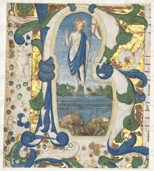 Historiated Initial (R) Excised from an Antiphonary: The Resurrection, c. 1470-1475. Francesco d'Antonio del Cherico (Italian, 1433-1484). Tempera and gold on parchment; sheet: 19.8 x 17.9 cm (7 13/16 x 7 1/16 in.)